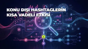 Instagram hashtag stratejisini anlatan modern bir blog kapak görseli. Hashtag ikonları, veri akışları ve algoritma temalı grafiklerle kısa vadeli görünürlük ve keşfet mantığını temsil eden profesyonel dijital pazarlama görseli.