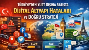 Türkiye’den yurt dışına satış yapan işletmeler için dijital altyapı, hosting ve sosyal medya stratejilerini anlatan blog kapak görseli